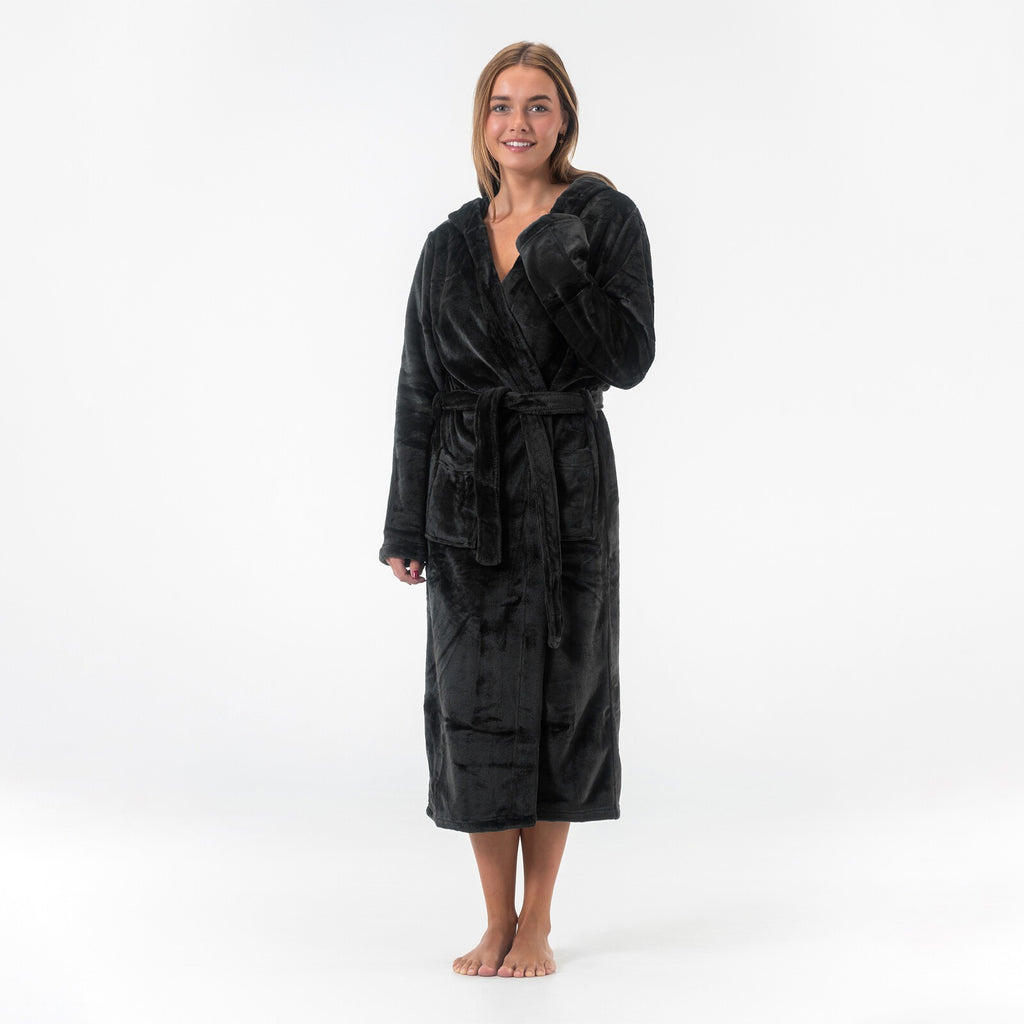 GAUBERT unisex fleece bathrobe with hood, long, black