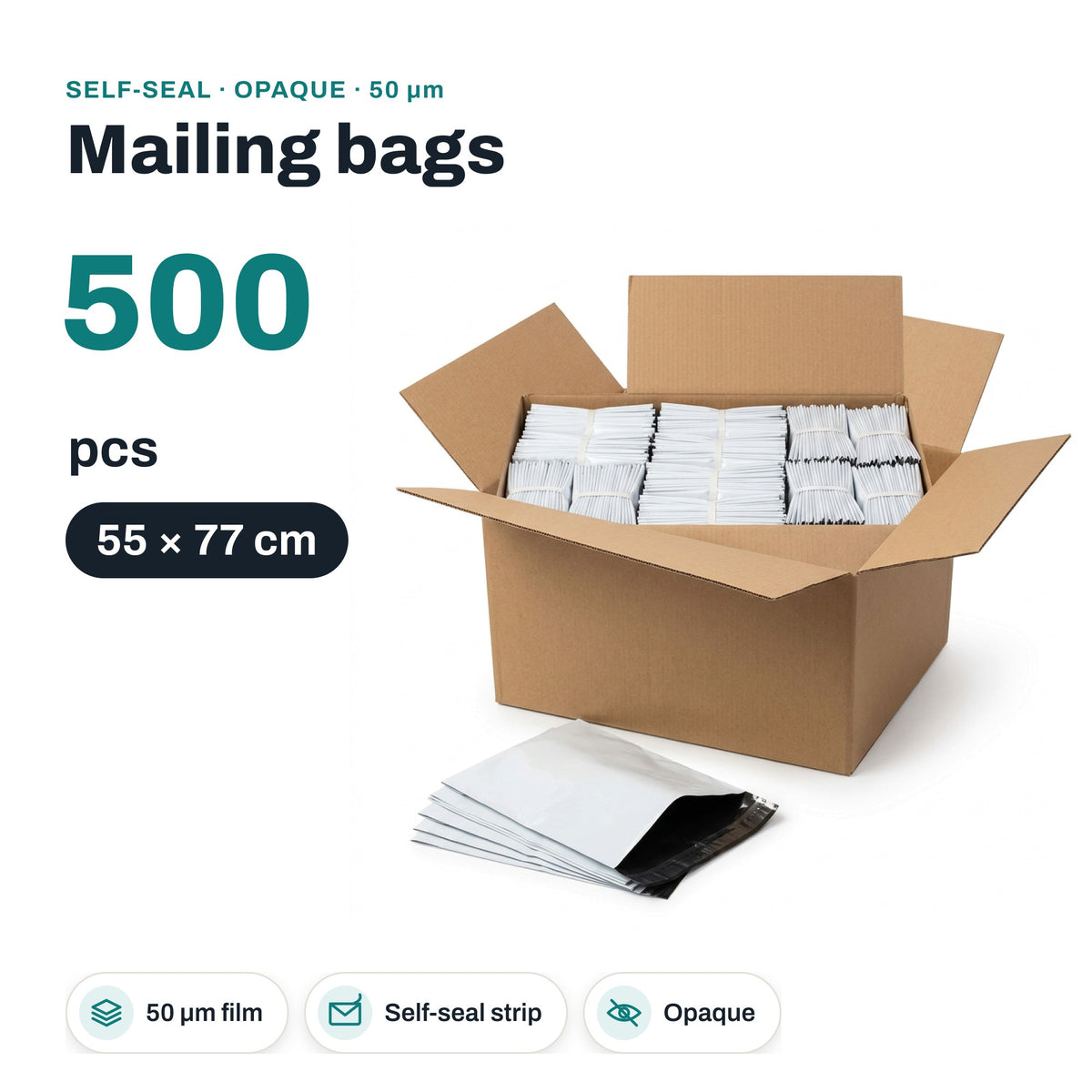 Poly mailing bags, 550 x 770 mm, 50 µm, white, 500 pcs (10 x 50)