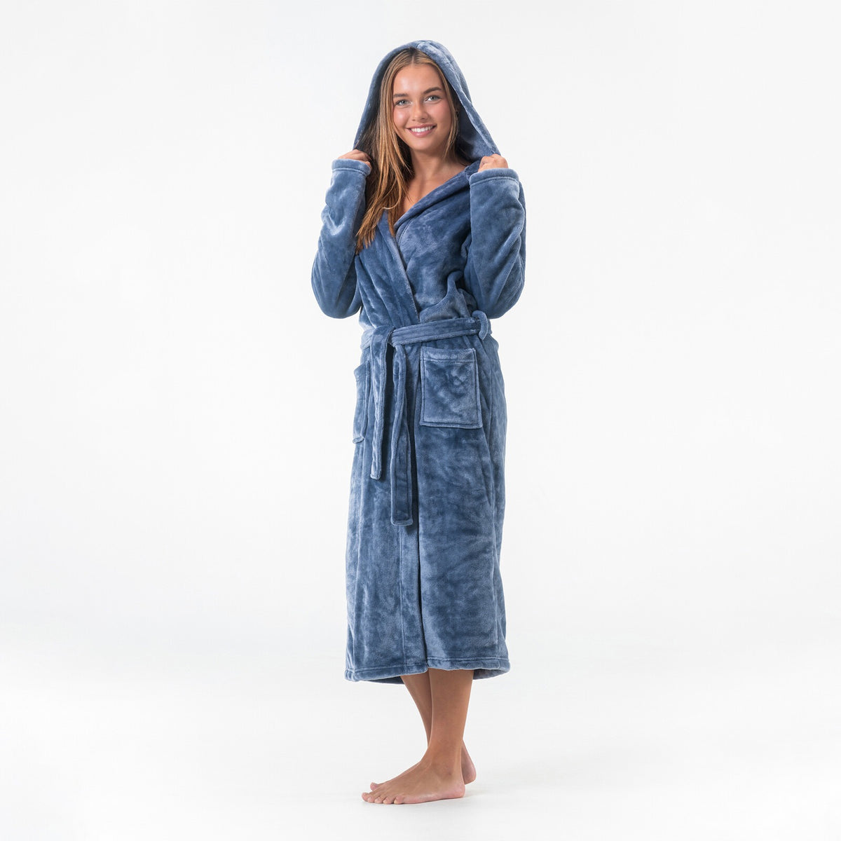 GAUBERT unisex fleece bathrobe with hood, long, grey
