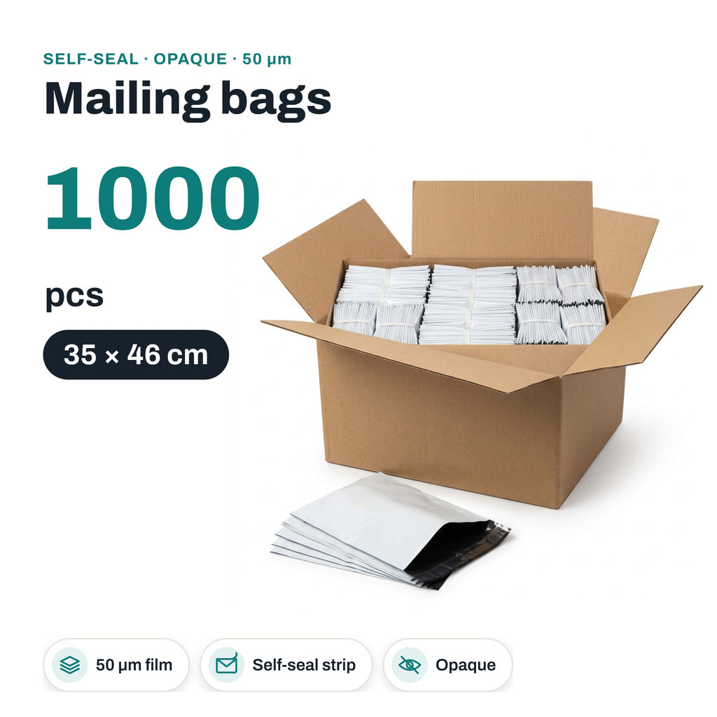 Poly mailing bags, 350 x 460 mm, 50 µm, white, 1000 pcs (10 x 100)