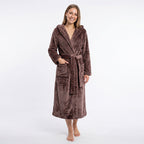 GAUBERT unisex fleece bathrobe with hood, long, coffee brown