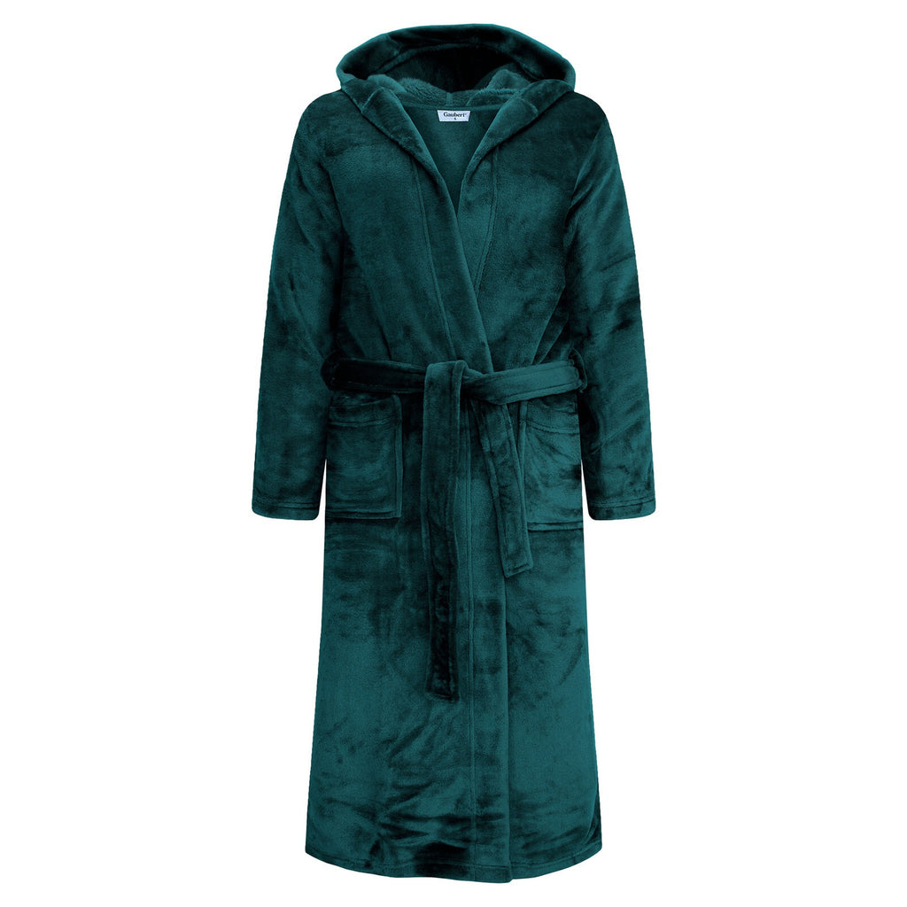 GAUBERT unisex fleece bathrobe with hood, long, teal