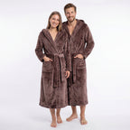 GAUBERT unisex fleece bathrobe with hood, long, coffee brown