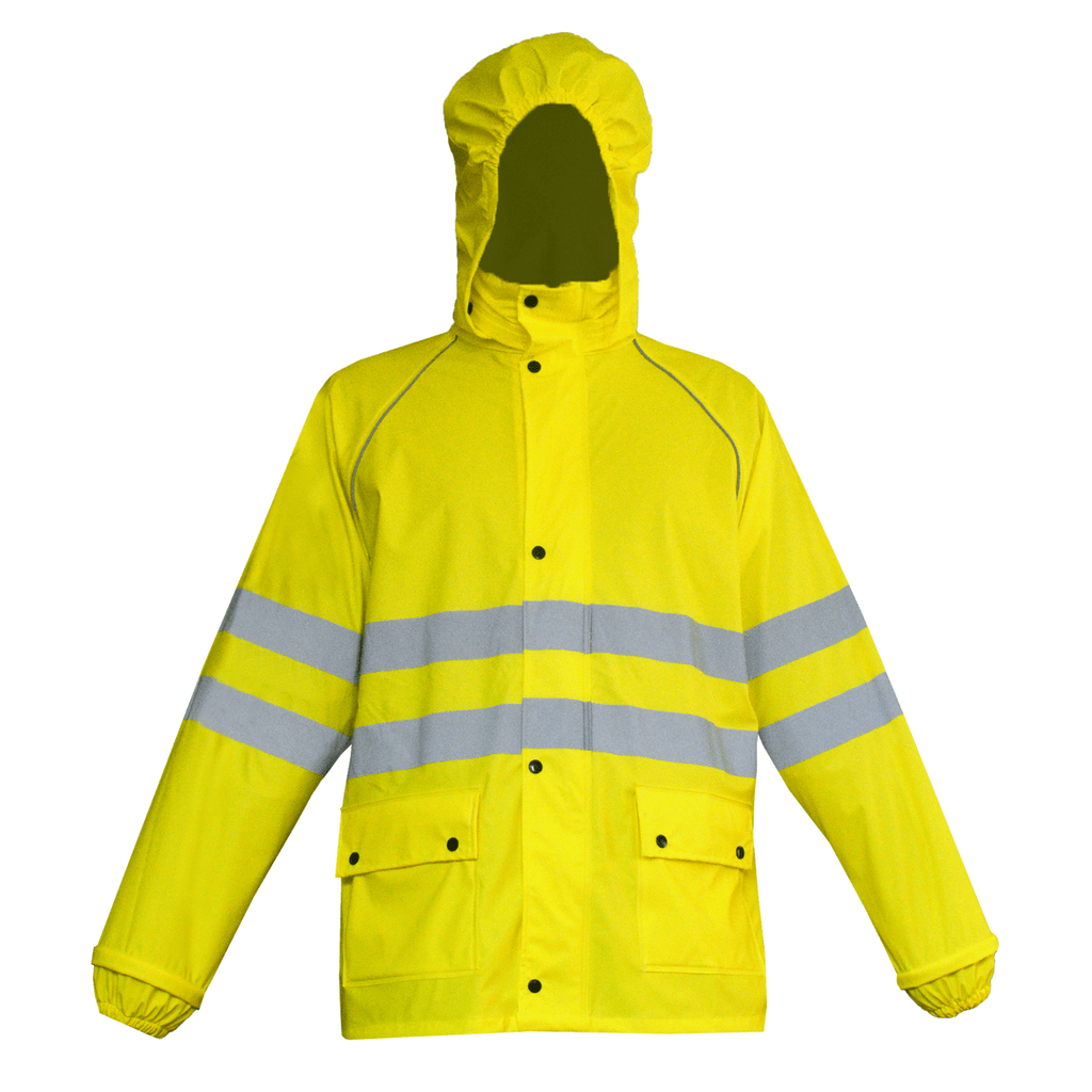 High-visibility yellow PU rain suit