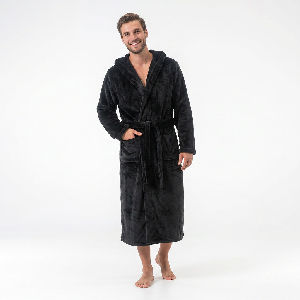 GAUBERT unisex fleece bathrobe with hood, long, black