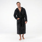 GAUBERT unisex fleece bathrobe with hood, long, black