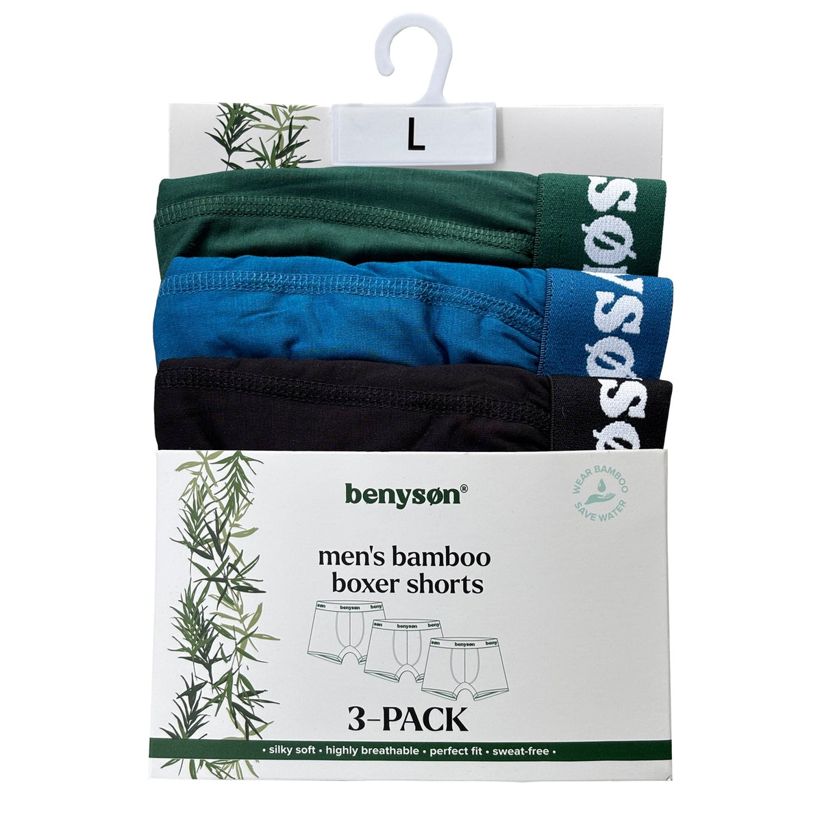 BENYSON men's bamboo viscose boxer shorts, 3 pcs, green, black, blue