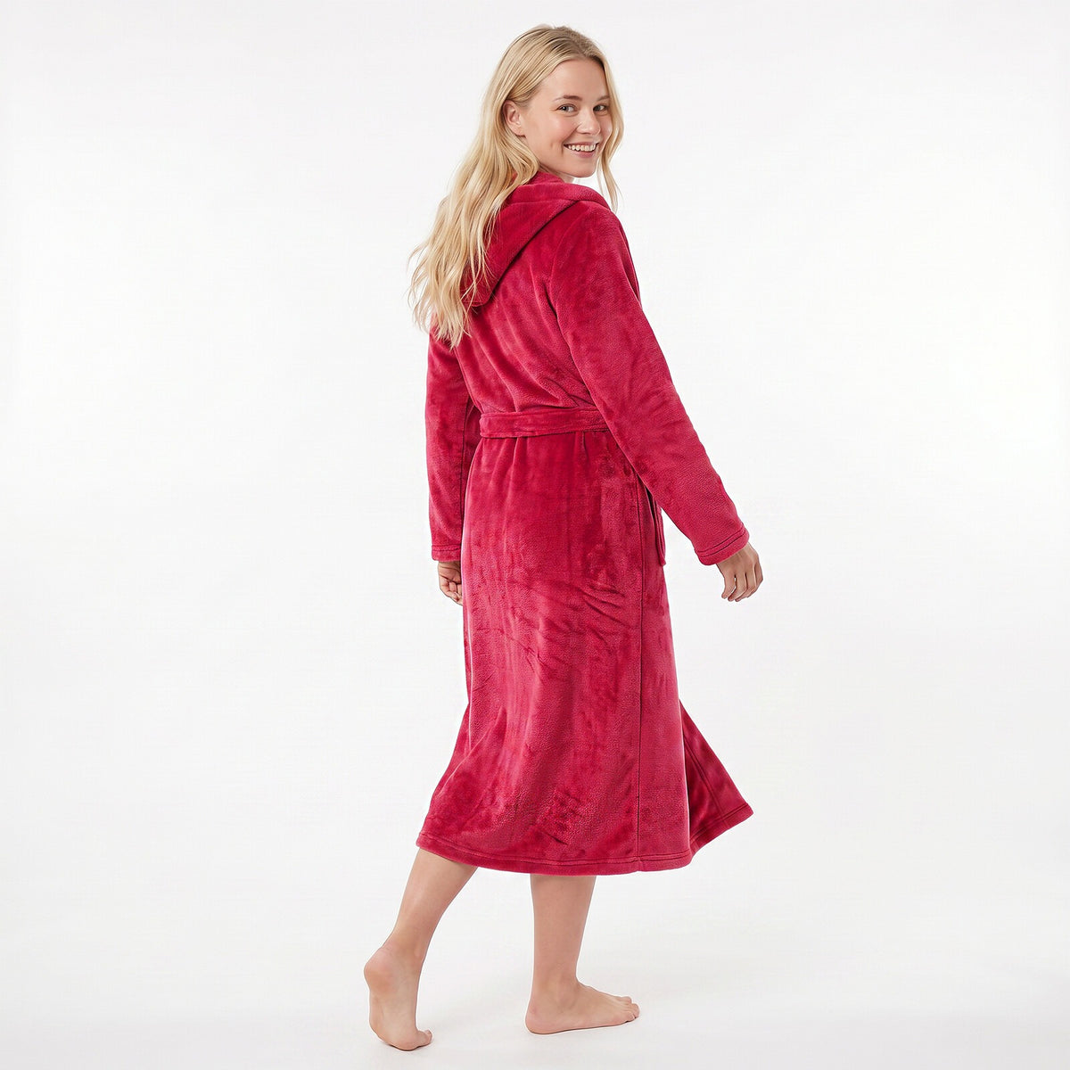 GAUBERT unisex fleece bathrobe with hood, long, burgundy