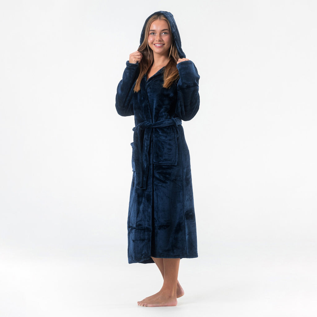 GAUBERT unisex fleece bathrobe with hood, long, navy