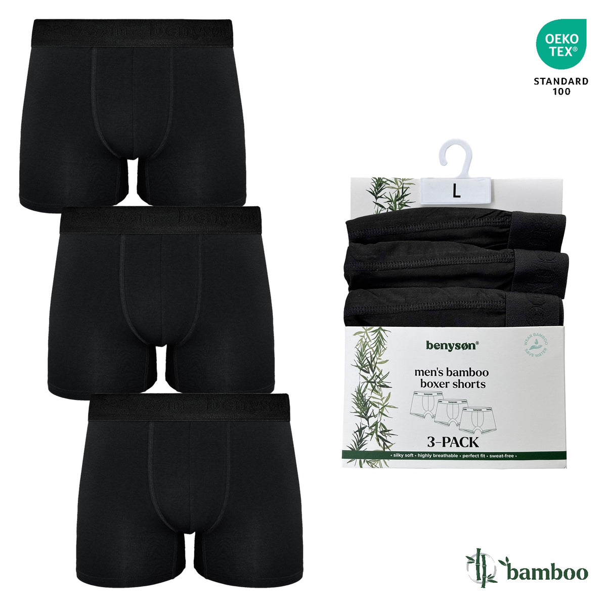 BENYSON men's bamboo viscose boxer shorts, 3 pcs, black