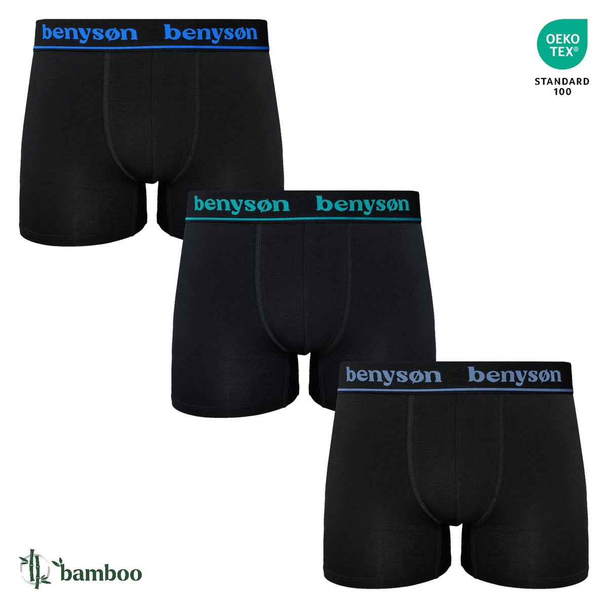 BENYSON men's bamboo viscose boxer shorts, 3 pcs, black with coloured waistband