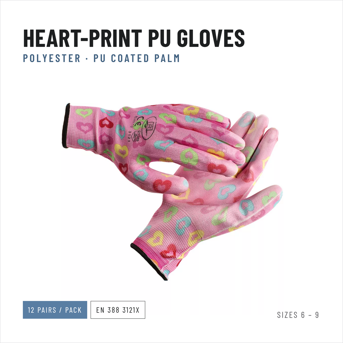 Patterned garden gloves with PU coating, pink, 12 pairs, individually packed