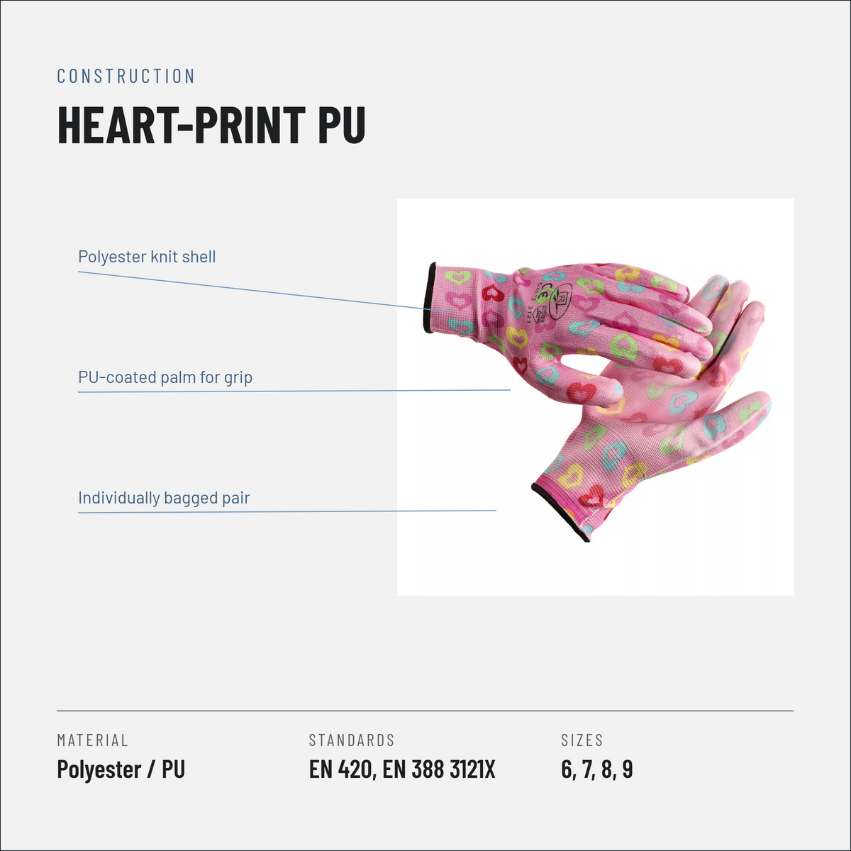 Patterned garden gloves with PU coating, pink, 12 pairs, individually packed