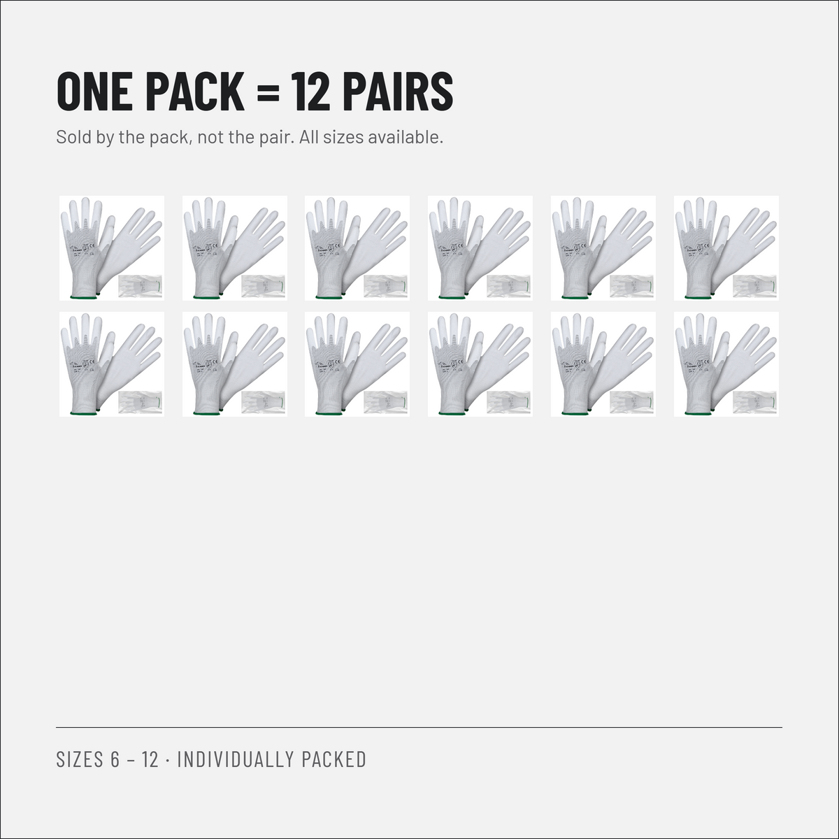 PU coated work gloves, white, 12 pairs, individually packed