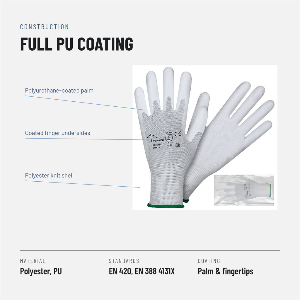 PU coated work gloves, white, 12 pairs, individually packed