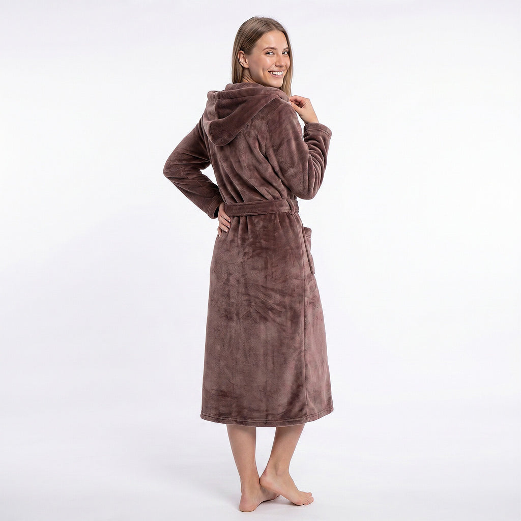 GAUBERT unisex fleece bathrobe with hood, long, coffee brown