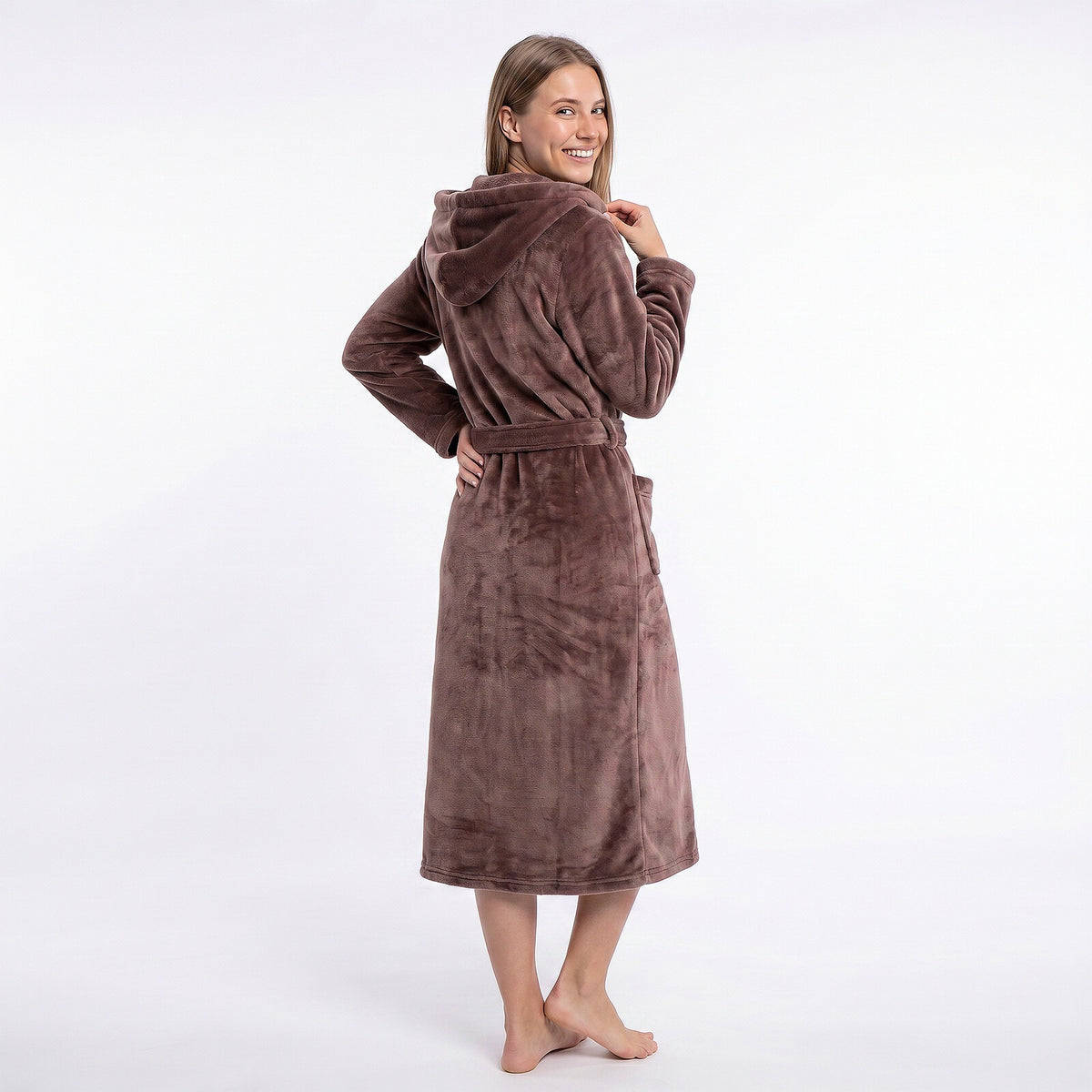 GAUBERT unisex fleece bathrobe with hood, long, coffee brown