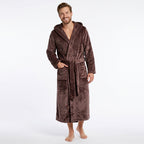 GAUBERT unisex fleece bathrobe with hood, long, coffee brown