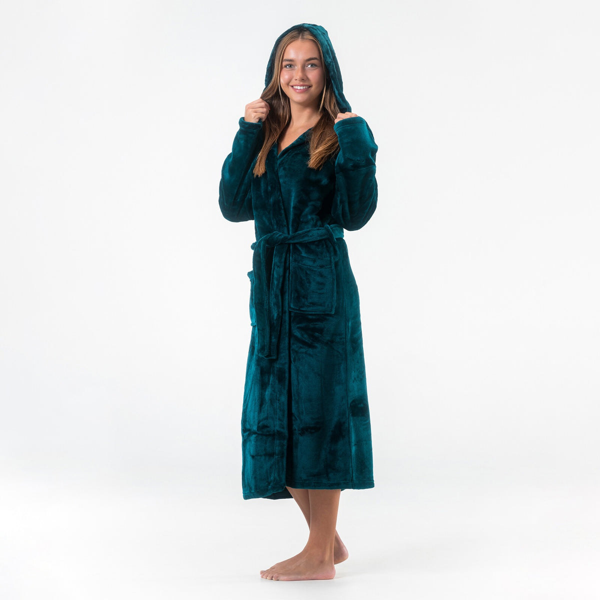 GAUBERT unisex fleece bathrobe with hood, long, teal
