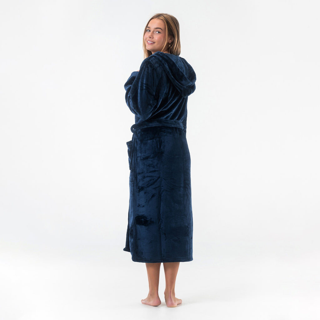 GAUBERT unisex fleece bathrobe with hood, long, navy