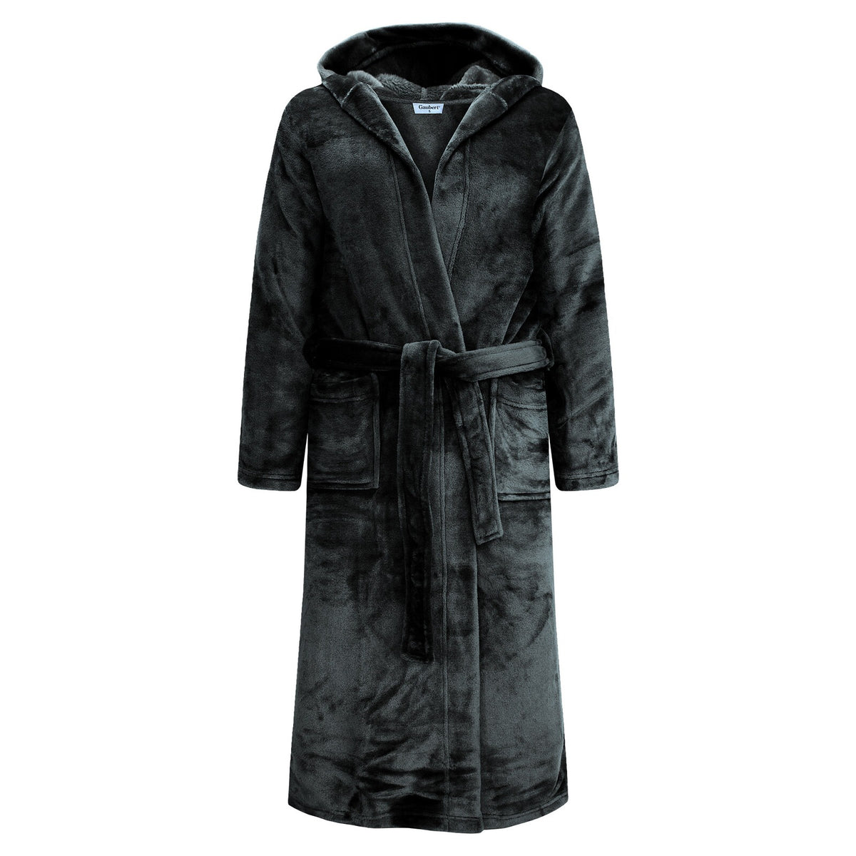 GAUBERT unisex fleece bathrobe with hood, long, black
