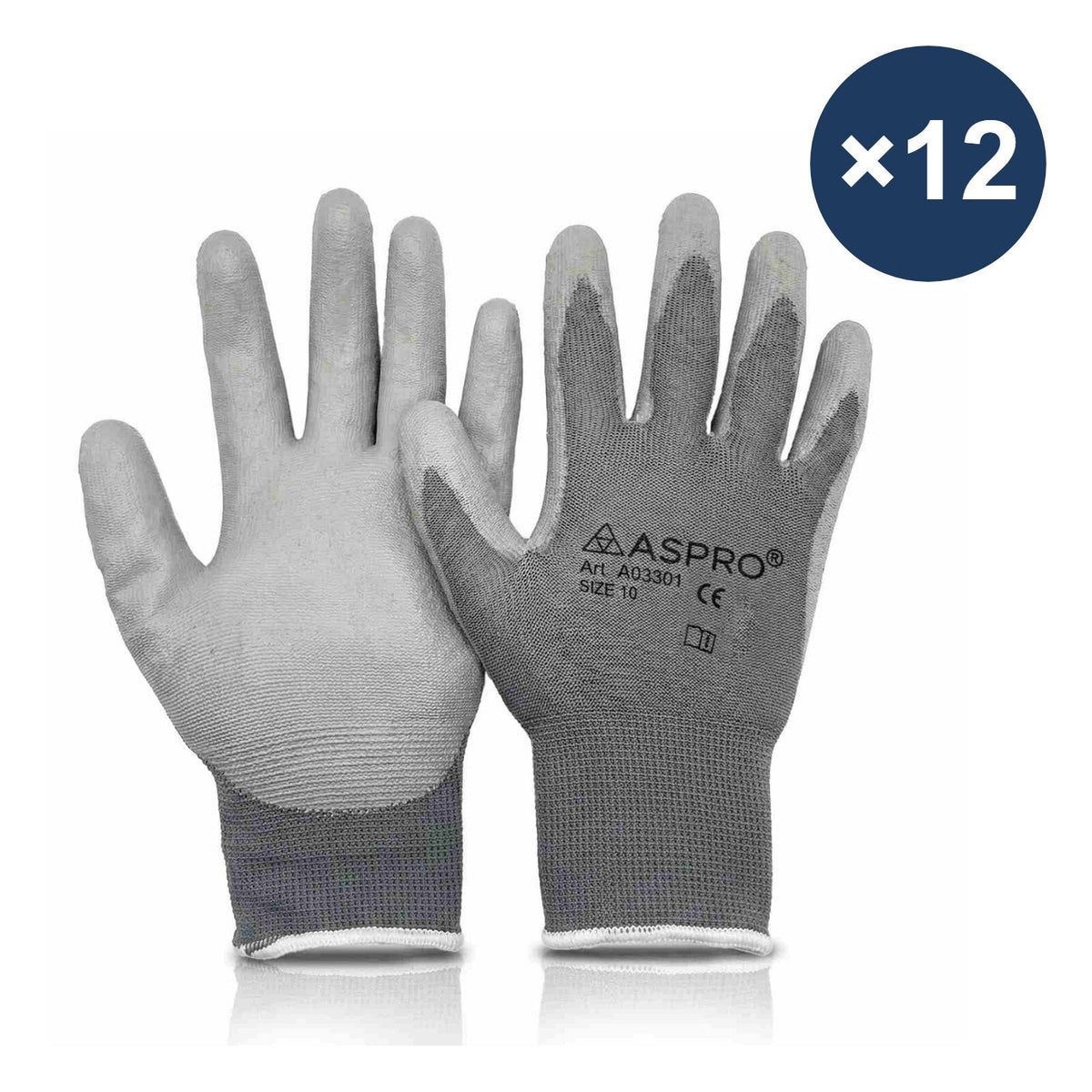 PU coated work gloves, grey, 12 pairs, individually packed