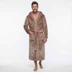 GAUBERT unisex fleece bathrobe with hood, long, sand