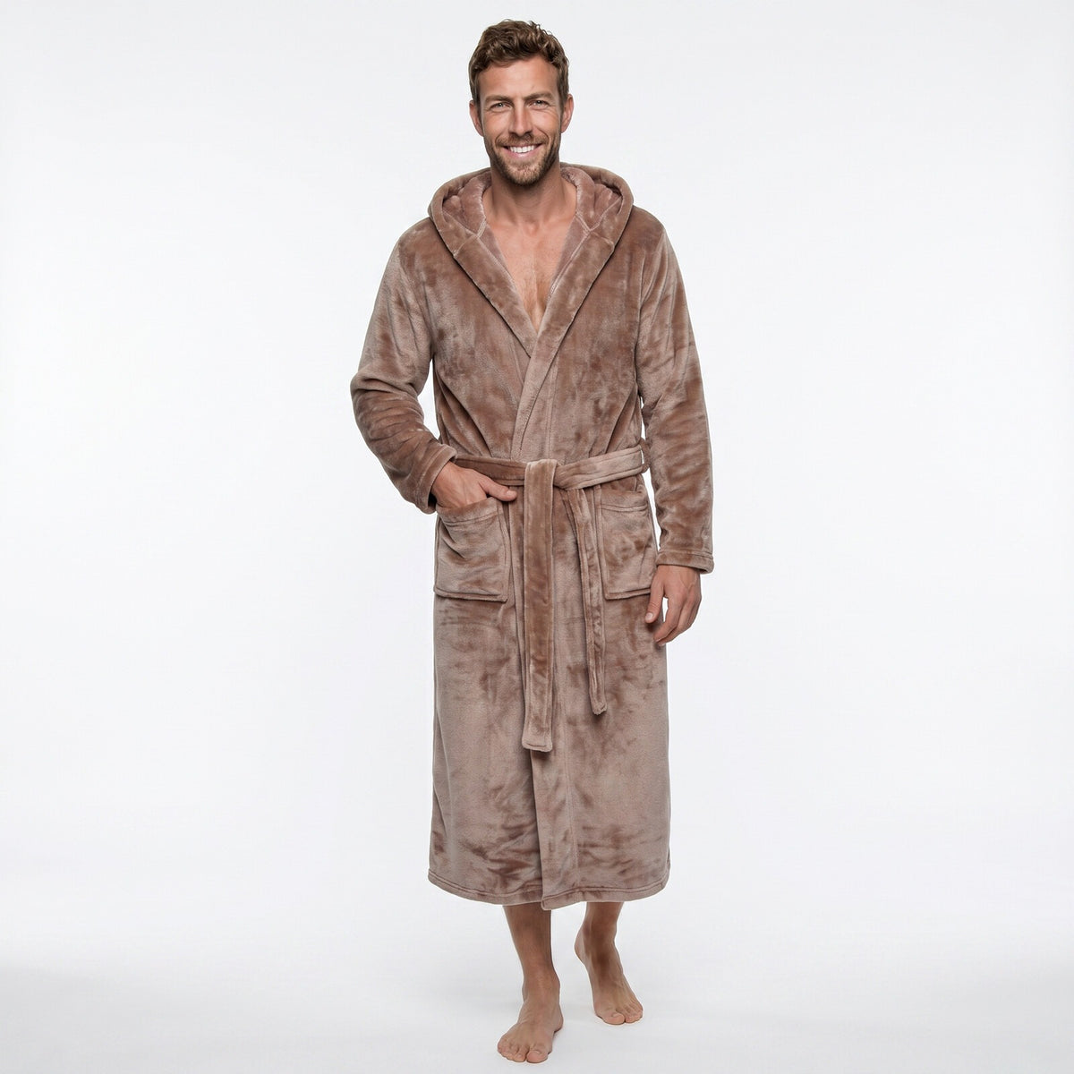 GAUBERT unisex fleece bathrobe with hood, long, sand