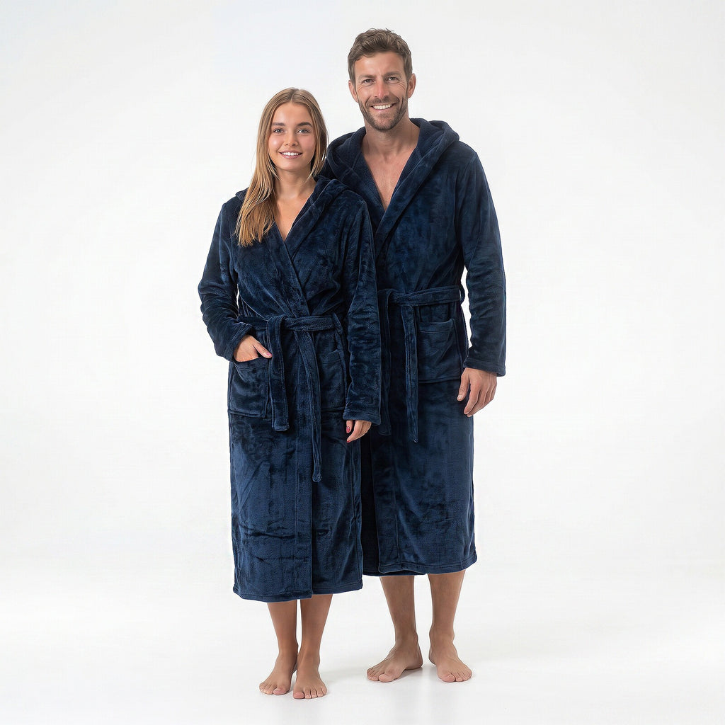 GAUBERT unisex fleece bathrobe with hood, long, navy