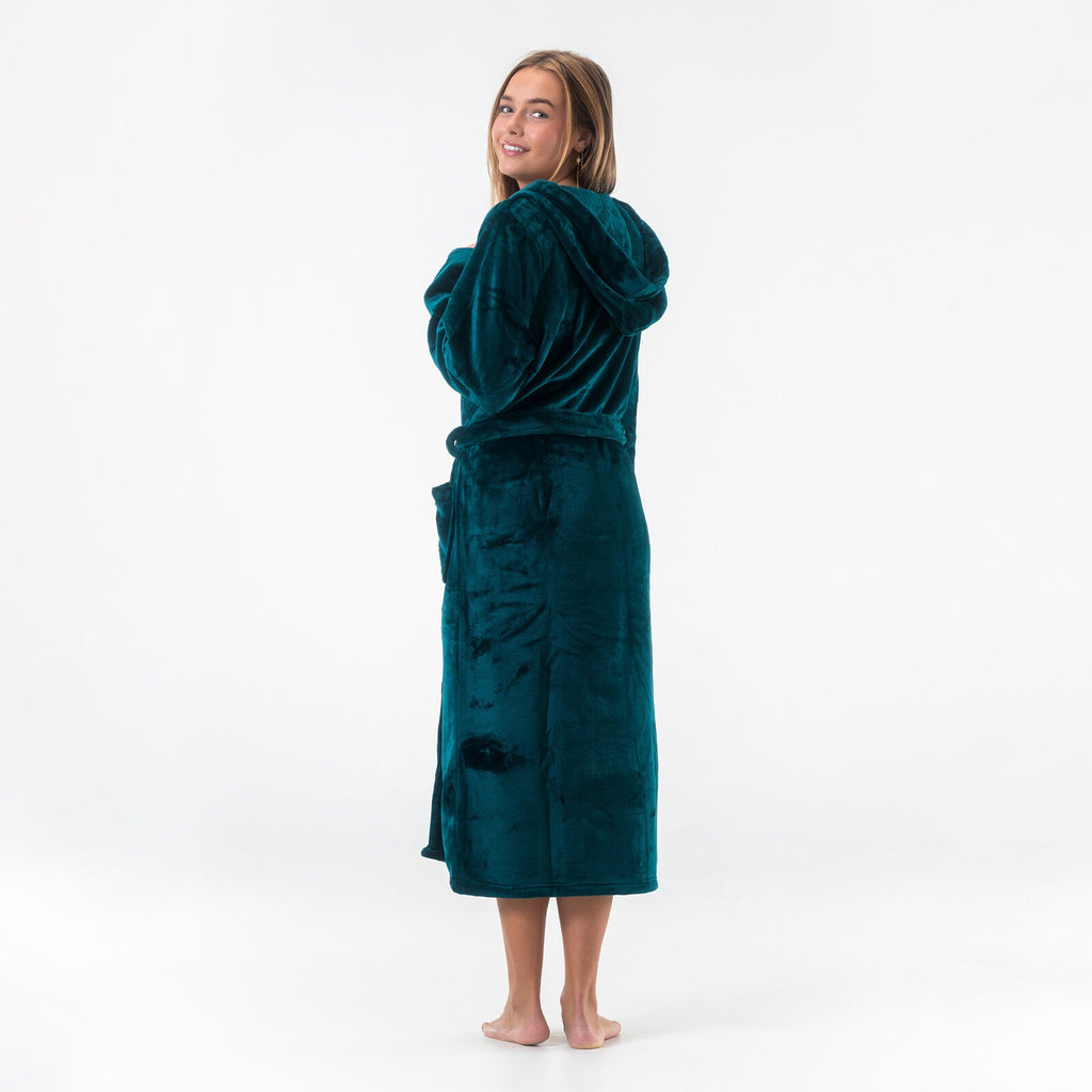 GAUBERT unisex fleece bathrobe with hood, long, teal