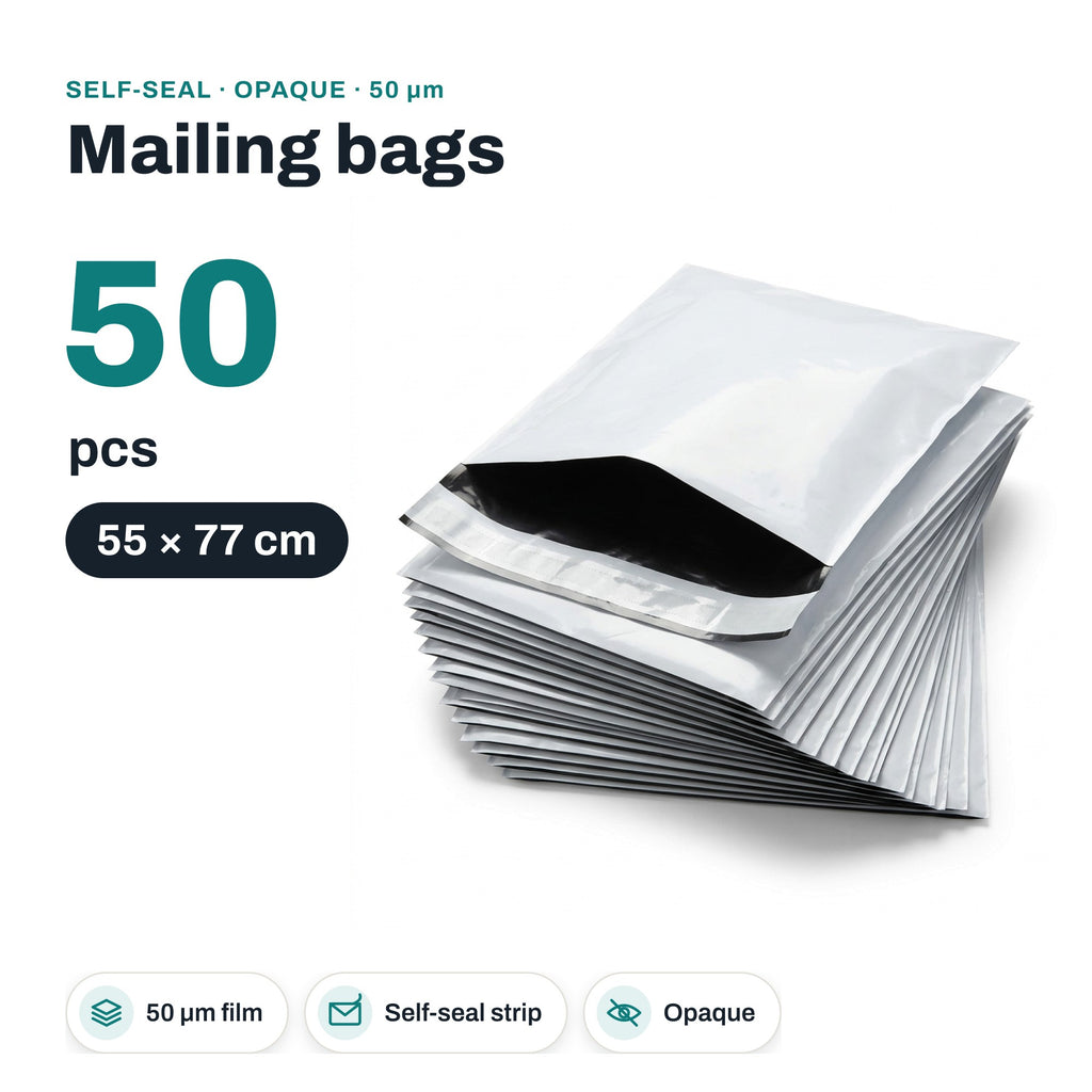 Poly mailing bags, 550 x 770 mm, 50 µm, white, 50 pcs