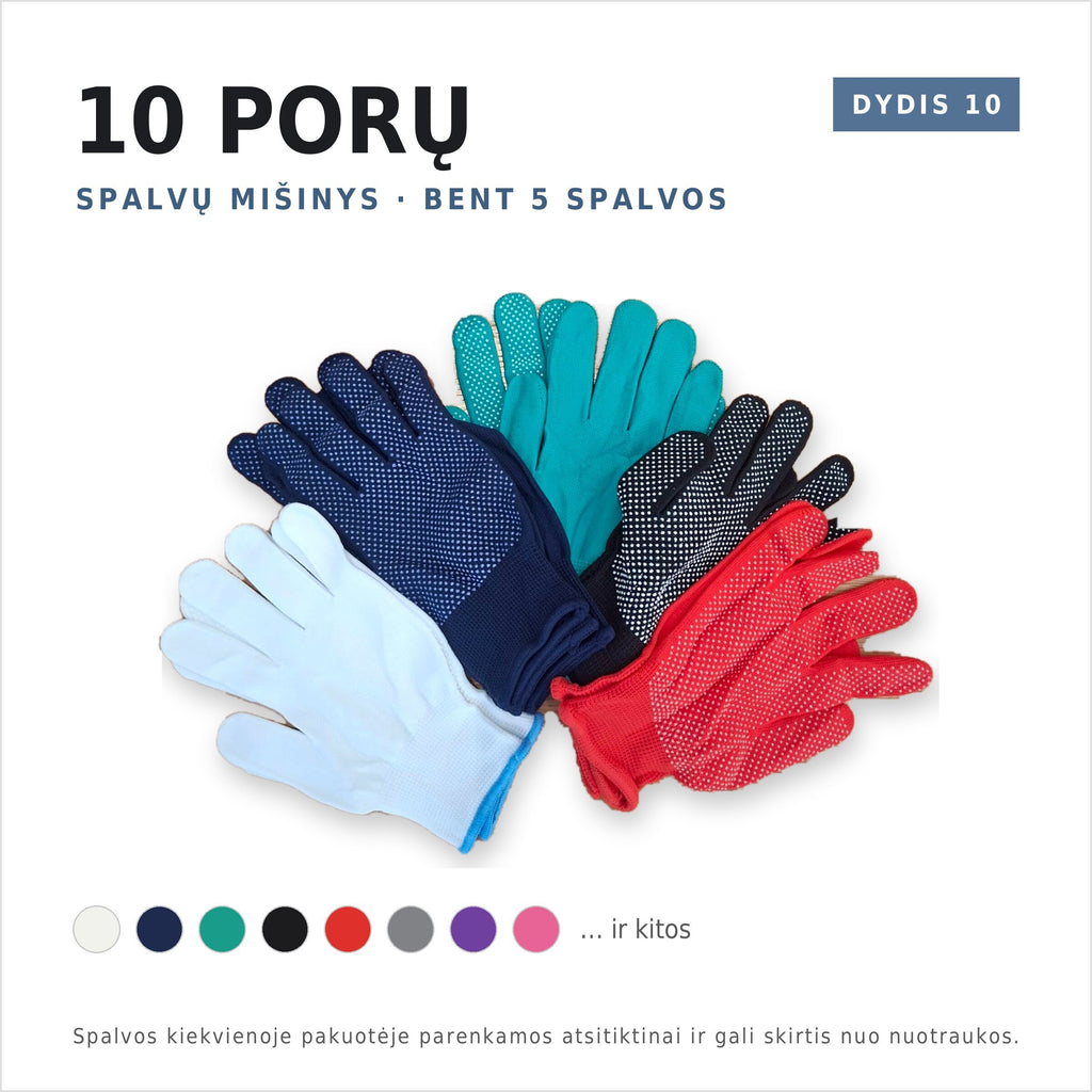 Riven Supply knitted nylon gloves with PVC dots, assorted colours, 10 pairs