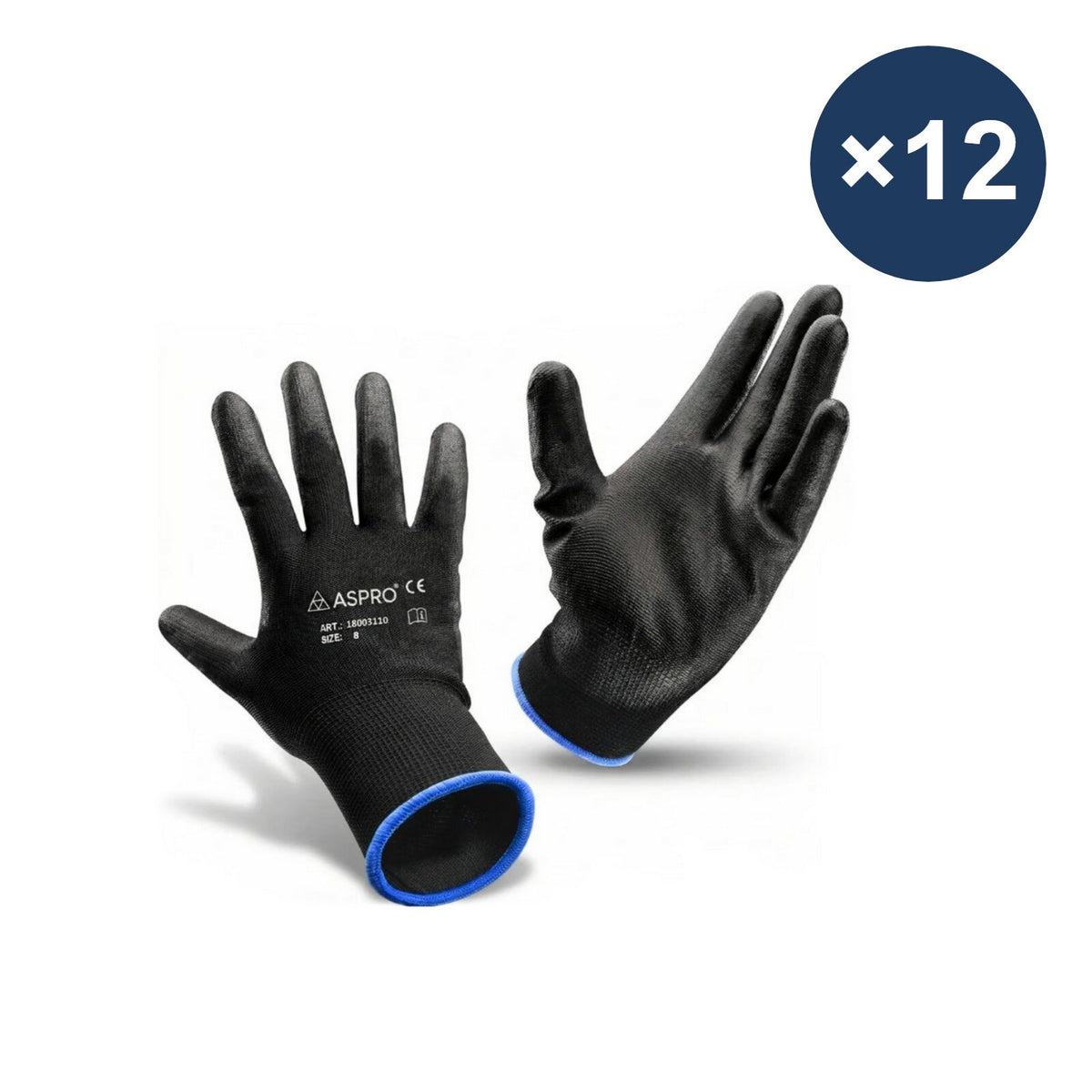 Polyester work gloves with PU palm, black, 12 pairs, individually packed