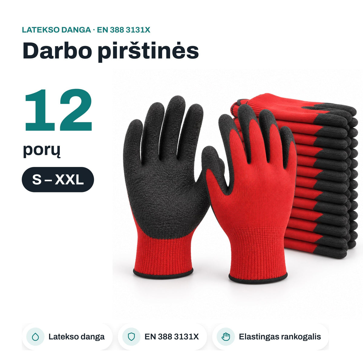 VENNER latex coated work gloves EN 388 3131X, red/black, 12 pairs